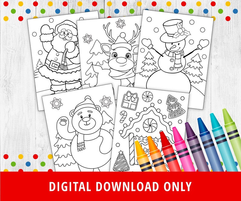 Pu&ograve; includere: Un set di cinque pagine da colorare stampabili in bianco e nero con personaggi natalizi. I personaggi includono Babbo Natale, una renna, un pupazzo di neve, un orsacchiotto e una casetta di pan di zenzero. Le pagine sono perfette per i bambini da colorare e godersi le festivit&agrave; natalizie.