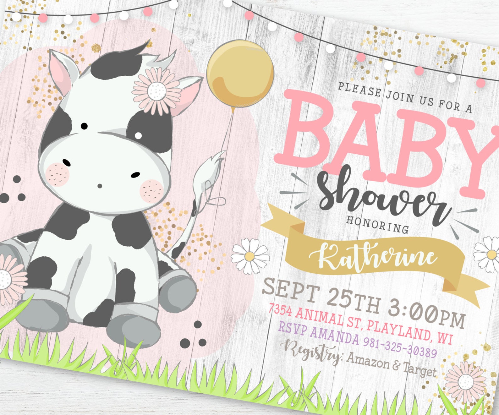 Cow Baby Shower Girl Invitation Pink Farm Animal Printable Etsy