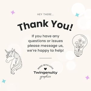 Thank you message from the shop that reads "Hey there, Thank you! If you have any questions or issues please message us, we’re happy to help!"
