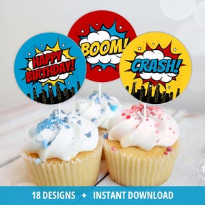 Superhero Cupcake Toppers, Superhero Birthday Decor, Superhero Birthday Supplies, Superhero Birthday, Comic, Printable Toppers, DIGITAL