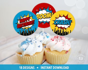Superhero Cupcake Toppers, Superhero Birthday Decor, Superhero Birthday Supplies, Superhero Birthday, Comic, Printable Toppers, DIGITAL