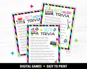 Giochi a quiz anni '80 stampabili, gioco a quiz anni '80, quiz sui film anni '80, quiz sulla musica anni '80, attività anni '80, giochi per feste anni '80, bambini, adulti, DIGITALE