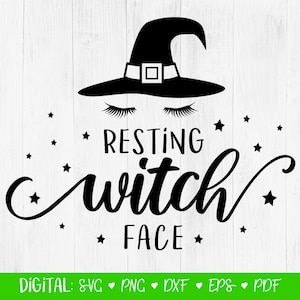 May include: Black and white graphic design of a witch's hat with eyelashes and the text "Resting Witch Face" with stars around the text.
