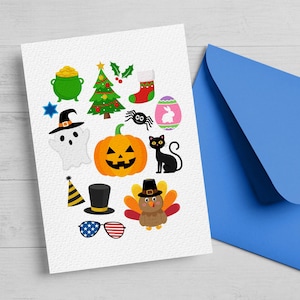 May include: A white card with colorful illustrations of various holiday symbols, including a pumpkin, a ghost, a turkey, a Christmas tree, a stocking, an Easter egg, a spider, a cat, a pot of gold, a witch's hat, a party hat, a pilgrim hat, and sunglasses with American flag colors.