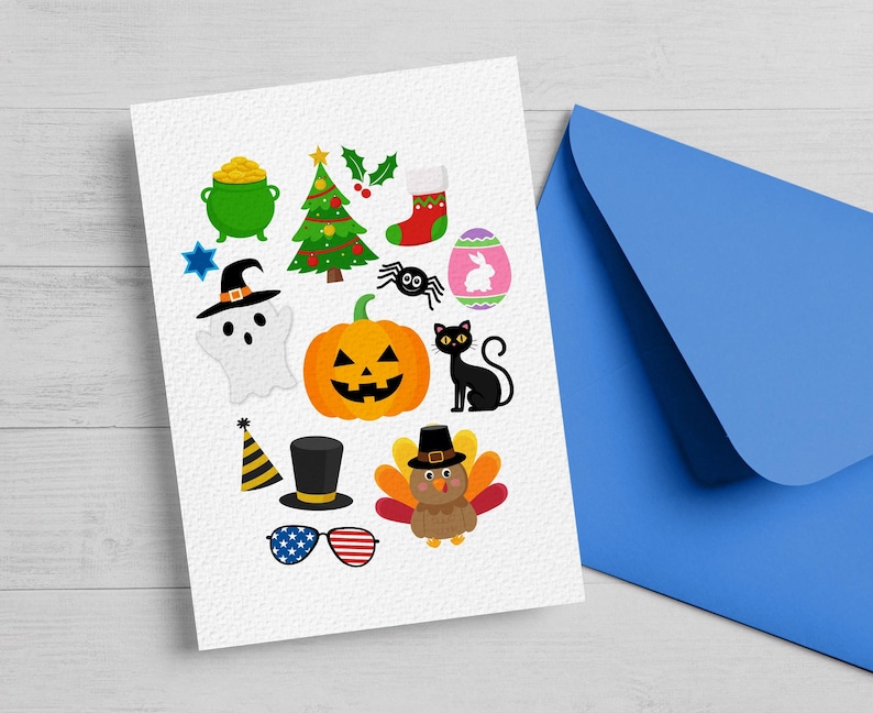 May include: A white card with colorful illustrations of various holiday symbols, including a pumpkin, a ghost, a turkey, a Christmas tree, a stocking, an Easter egg, a spider, a cat, a pot of gold, a witch's hat, a party hat, a pilgrim hat, and sunglasses with American flag colors.