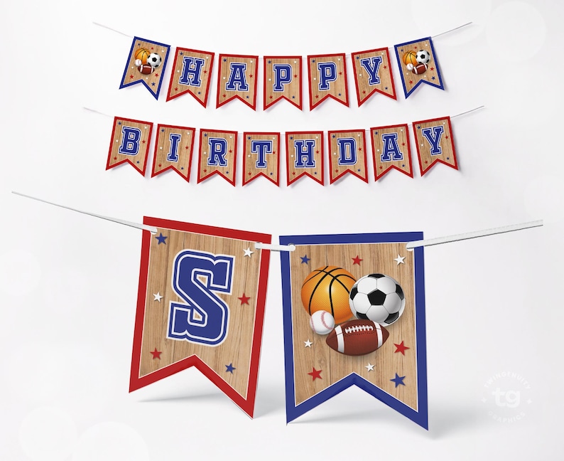 A printable sports-themed birthday banner with red, white, and blue colors. The banner says "Happy Birthday" and includes 2 individual flags.