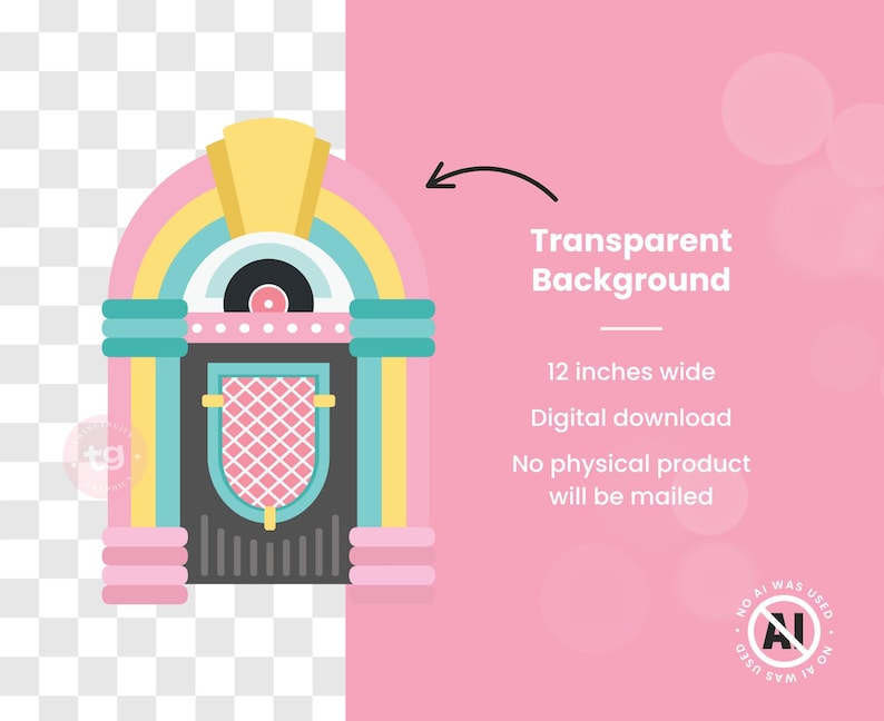Puede incluir: Un gr&aacute;fico digital de una gramola con un marco arqueado amarillo, turquesa y rosa, un panel central negro con un altavoz de rejilla rosa y un disco. El texto dice Transparent Background, 12 inches wide, Digital download.