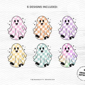 Each individual ghost clipart is shown with watermarks. Text reads, "6 designs included" and a badge that reads original artwork.