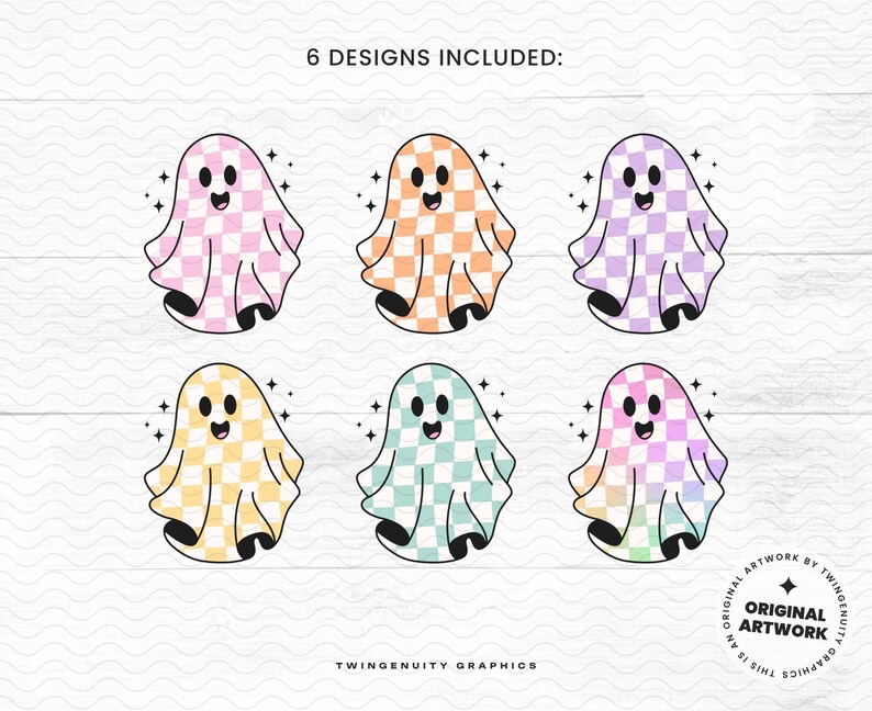 Each individual ghost clipart is shown with watermarks. Text reads, "6 designs included" and a badge that reads original artwork.