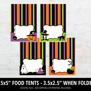 May include: Four printable Halloween food tent cards with a striped background in purple, orange, green, and black. Each card has a different Halloween character: a witch, a pumpkin, a ghost, and a cauldron. The cards are 3.5 inches by 5 inches and fold to 3.5 inches by 2.5 inches.