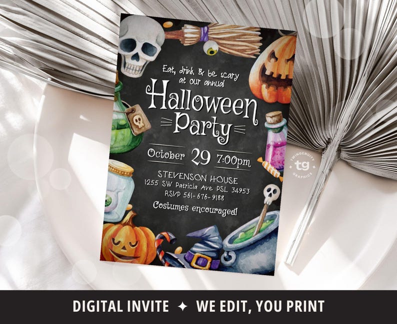 A printable digital Halloween party invitation with a black chalkboard background. The invitation features a variety of Halloween-themed  watercolor graphics including a skull, a witch's broom, a cauldron, a pumpkin, and a potion bottle. The message reads "Eat, drink & be scary at our annual Halloween Party" with event details.