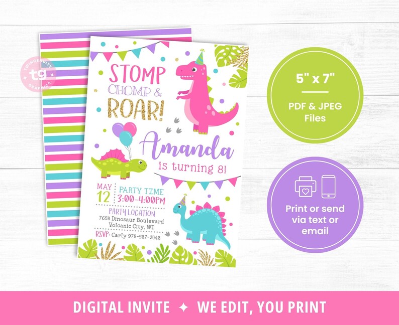 Invitación de cumpleaños de dinosaurio para niña, invitación de dinosaurio rosa, fiesta de dinosaurios, invitación de dinosaurio para niña, cumpleaños para niñas, invitación de T-Rex DIGITAL imagen 2