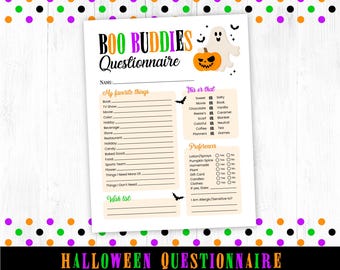 Boo Buddies Halloween Questionnaire for Gift Exchange, Boo Buddy Basket Questionnaire of Favorite Things Printable, Coworkers Quiz PDF