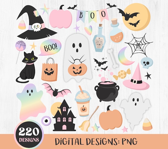 Cute Halloween Clipart, Pastel Halloween Clipart, Iridescent Halloween Clipart, Holographic Halloween, Ghosts, Bats, Spooky Cute, Pastel PNG