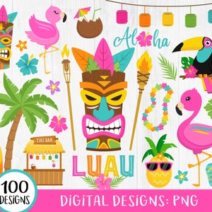 Luau Clipart, Tropisch Luau Clipart, Hawaiian Luau Clipart, Tiki Clipart, Sommer Clipart, Strand, Flamingo, Hawaii, Hibiskus, Tropisch, PNG