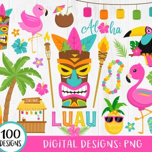 Luau Clipart, Tropical Luau Clipart, Hawaiian Luau Clipart, Tiki Clipart, Summer Clipart, Beach, Flamingo, Hawaii, Hibiscus, Tropical, PNG