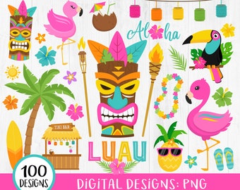 Luau Clipart, Tropical Luau Clipart, Hawaiian Luau Clipart, Tiki Clipart, Summer Clipart, Beach, Flamingo, Hawaii, Hibiscus, Tropical, PNG