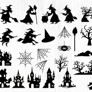 K&ouml;nnte beinhalten: Eine Sammlung schwarzer Halloween-Silhouetten. Das Bild zeigt Hexen auf Besen, einen Hexenhut, Spinnweben, eine Spinne, Spukh&auml;user, B&auml;ume und einen Kessel. Geeignet f&uuml;r Bastelarbeiten und Dekorationen f&uuml;r die Feiertage.