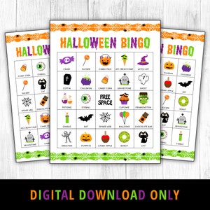 Peut inclure: Trois cartes de bingo d'Halloween imprimables avec une bordure en toile d'araign&eacute;e verte, orange et noire. Les cartes pr&eacute;sentent diverses images sur le th&egrave;me d'Halloween, notamment un chapeau de sorci&egrave;re, un fant&ocirc;me, une citrouille, une chauve-souris, une toile d'araign&eacute;e, un chaudron, un ma&iuml;s sucr&eacute;, une pomme d'amour, un cupcake, un Frankenstein, un beignet, un chat, une pierre tombale, un squelette, une bougie, une toile d'araign&eacute;e, une canne en sucre, un &oelig;il, une fiole de potion, une barre de chocolat et un pale &agrave; bonbons.