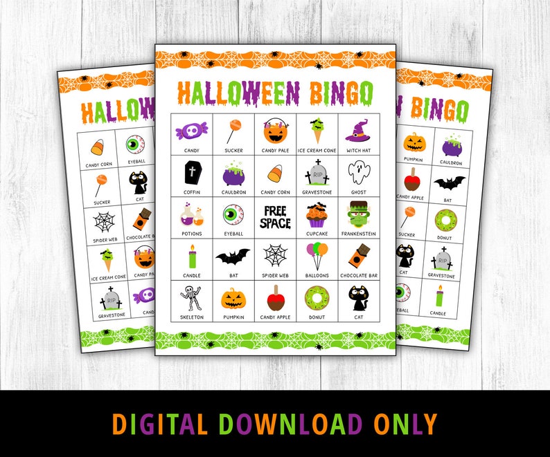 Peut inclure: Trois cartes de bingo d'Halloween imprimables avec une bordure en toile d'araign&eacute;e verte, orange et noire. Les cartes pr&eacute;sentent diverses images sur le th&egrave;me d'Halloween, notamment un chapeau de sorci&egrave;re, un fant&ocirc;me, une citrouille, une chauve-souris, une toile d'araign&eacute;e, un chaudron, un ma&iuml;s sucr&eacute;, une pomme d'amour, un cupcake, un Frankenstein, un beignet, un chat, une pierre tombale, un squelette, une bougie, une toile d'araign&eacute;e, une canne en sucre, un &oelig;il, une fiole de potion, une barre de chocolat et un pale &agrave; bonbons.