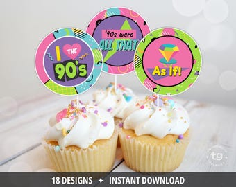 90s Cupcake Toppers, 90s Birthday Party Decor, I Love the 90s, Cassette Tap, 1990s, Printable DIGITAL