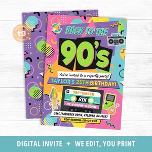 90s Birthday Invitation, 90s Party Invite, 90s Birthday Party, Back to the 90s Theme Invite, Retro 1990s Invitation, Memphis, DIGITAL image 2