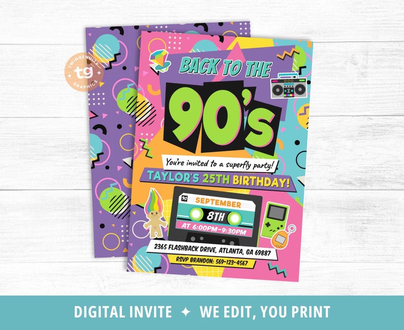 90s Birthday Invitation, 90s Party Invite, 90s Birthday Party, Back to the 90s Theme Invite, Retro 1990s Invitation, Memphis, DIGITAL image 2