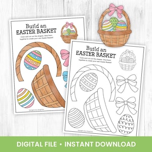 May include: Printable Easter basket craft activity for kids. Colour, cut, and glue the shapes together to create a basket. The printable features a basket with eggs and a bow.