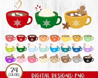 Hot Cocoa Mugs Clipart, Hot Chocolate Mugs Clipart, Winter Cups, Christmas Drinks, Hot Cocoa Clipart, Marshmallow, Peppermint, Coffee, PNG