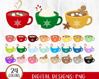 Hot Cocoa Mugs Clipart, Hot Chocolate Mugs Clipart, Winter Cups, Christmas Drinks, Hot Cocoa Clipart, Marshmallow, Peppermint, Coffee, PNG