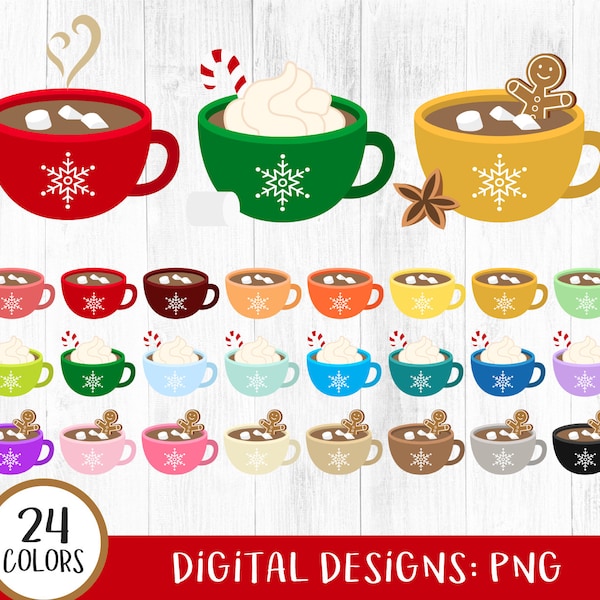 Hot Cocoa Mugs Clipart, Hot Chocolate Mugs Clipart, Winter Cups, Christmas Drinks, Hot Cocoa Clipart, Marshmallow, Peppermint, Coffee, PNG