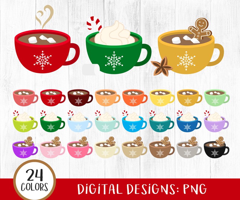 May include: 24 digital designs of mugs with various colors and designs. Each mug features a snowflake and a gingerbread man. The mugs are filled with hot chocolate and marshmallows. The text "24 Colors" and "Digital Designs: PNG" is at the bottom of the image.