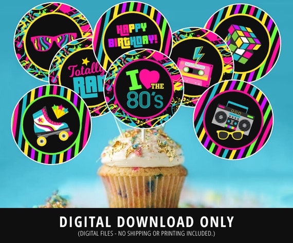80s Retro Cupcake Toppers 80s Birthday Party 80s Neon | Etsy UK