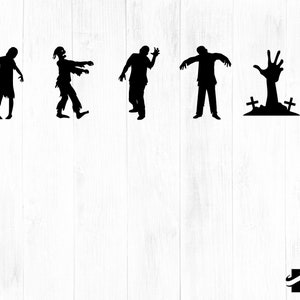 K&ouml;nnte beinhalten: Schwarze Silhouette-Bilder von Zombies in verschiedenen Posen. Ein Zombie greift aus, ein anderer geht mit ausgestreckten Armen und ein dritter erhebt sich aus einem Grab. Die Bilder sind vor einem wei&szlig;en Hintergrund.