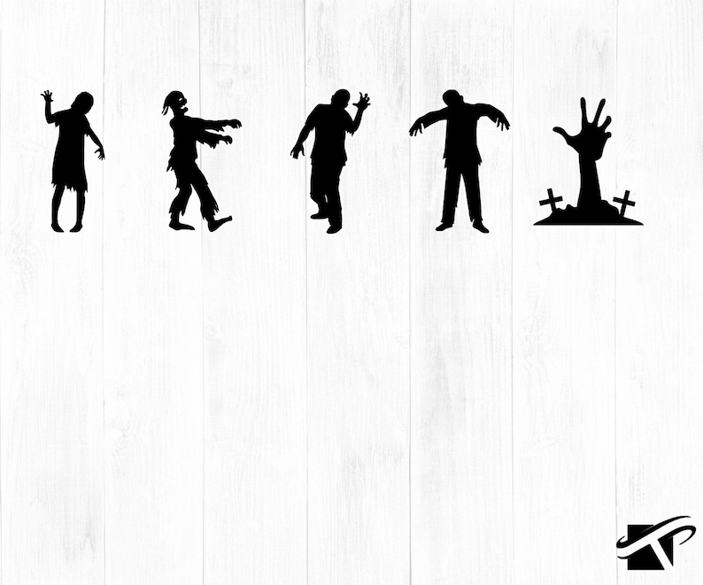 K&ouml;nnte beinhalten: Schwarze Silhouette-Bilder von Zombies in verschiedenen Posen. Ein Zombie greift aus, ein anderer geht mit ausgestreckten Armen und ein dritter erhebt sich aus einem Grab. Die Bilder sind vor einem wei&szlig;en Hintergrund.