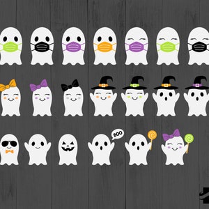 May include: A set of 18 Halloween ghost illustrations with various expressions and accessories, including bows, hats, sunglasses, and sweets. Some ghosts are wearing face masks.