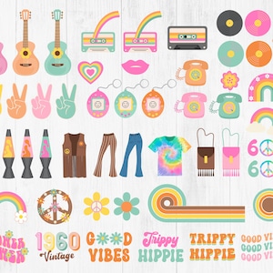 May include: A collection of colourful retro 1960s themed clipart graphics, including peace signs, flowers, rainbows, lava lamps, guitars, and the text "Good Vibes", "Trippy Hippie", and "1960 Vintage".