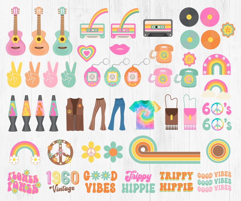 May include: A collection of colourful retro 1960s themed clipart graphics, including peace signs, flowers, rainbows, lava lamps, guitars, and the text "Good Vibes", "Trippy Hippie", and "1960 Vintage".