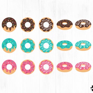 May include: A set of 12 donut illustrations in various colors and designs. The donuts are decorated with sprinkles, frosting, and chocolate.