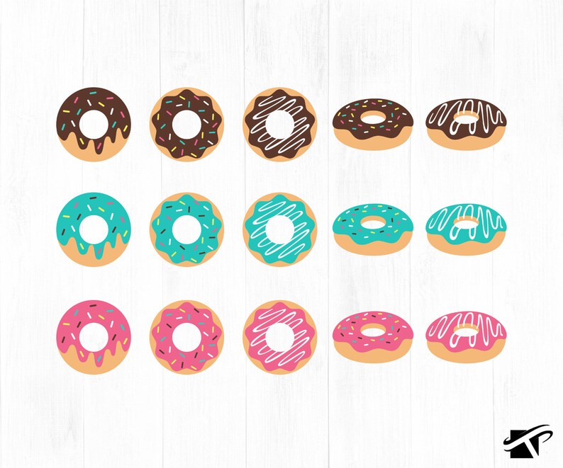May include: A set of 12 donut illustrations in various colors and designs. The donuts are decorated with sprinkles, frosting, and chocolate.