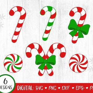 May include: Six digital designs featuring red and green candy canes and peppermint candies. The candy canes are in various positions, some with a green bow. The peppermint candies are round with red and green stripes.