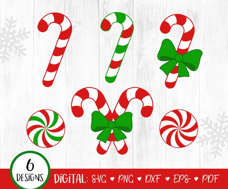 Puede incluir: Seis dise&ntilde;os digitales con bastones de caramelo rojos y verdes y caramelos de menta. Los bastones de caramelo est&aacute;n en varias posiciones, algunos con un lazo verde. Los caramelos de menta son redondos con rayas rojas y verdes.