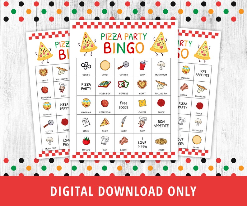 May include: A printable bingo card with a pizza theme. The card has a free space in the middle and 24 other squares with pizza-related words and images. The words include "pizza party", "pepperoni", "crust", "cutter", "soda", "mushroom", "bon appetite", "heart", "rolling pin", "bacon", "cheese", "sauce", "menu", "slice", "knife", "chef", "I love pizza", "whole", "hat", "tomato", "olives", "pepper", "Hawaiian", and "I love pizza".