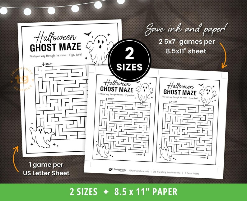 The Halloween mazes are available in two sizes. One game per eight point five by eleven inches (US letter size) and two games per sheet.