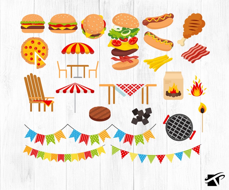 May include: A set of colorful illustrations for a barbecue party, including burgers, hot dogs, pizza, a grill, a picnic table, a beach umbrella, and a fire.