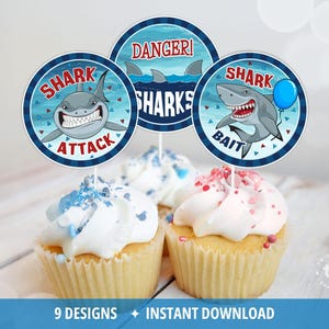 Shark Cupcake Toppers, Shark Birthday Party Decor, Shark Attack, Shark Party Supplies, DIGITAL