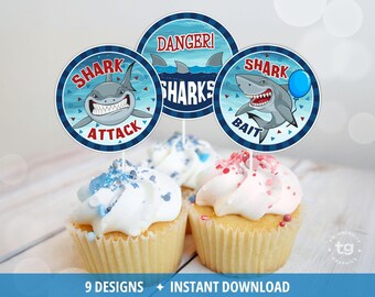 Shark Cupcake Toppers, Shark Birthday Party Decor, Shark Attack, Shark Party Supplies, DIGITAL