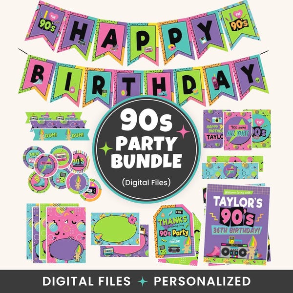 90s Party Decorations, 90s Birthday Decor, 90s Retro Party, 90s Theme, Retro Birthday Decorations Bundle, 1990, Printable, DIGITAL