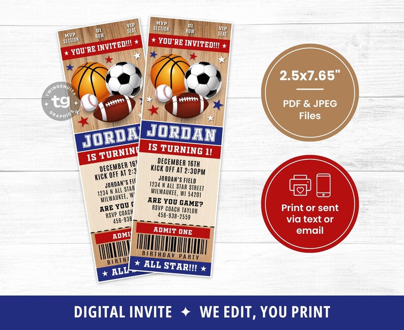 Sports Ticket Invite, Sports Invitation, Sports Birthday Party Invite, Sports invite, All Star Birthday Invite, Wood, Printable DIGITAL image 3