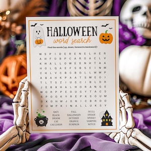 May include: A printable Halloween word search puzzle featuring a spooky ghost and pumpkin. The puzzle includes words like spider, bat, broom, cauldron, and witch.